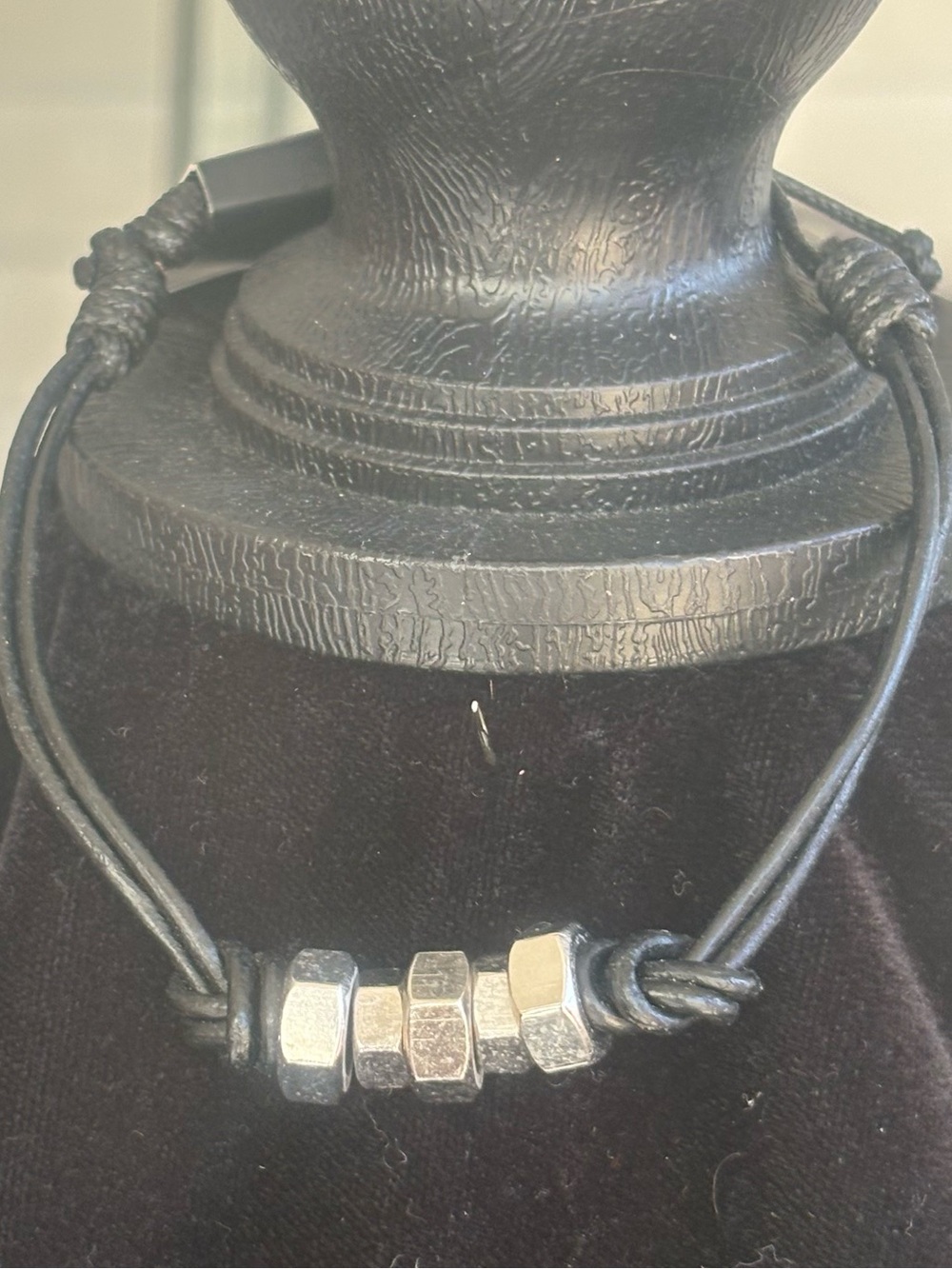 Black Leather bracelet with Silver Hex Bead Accents